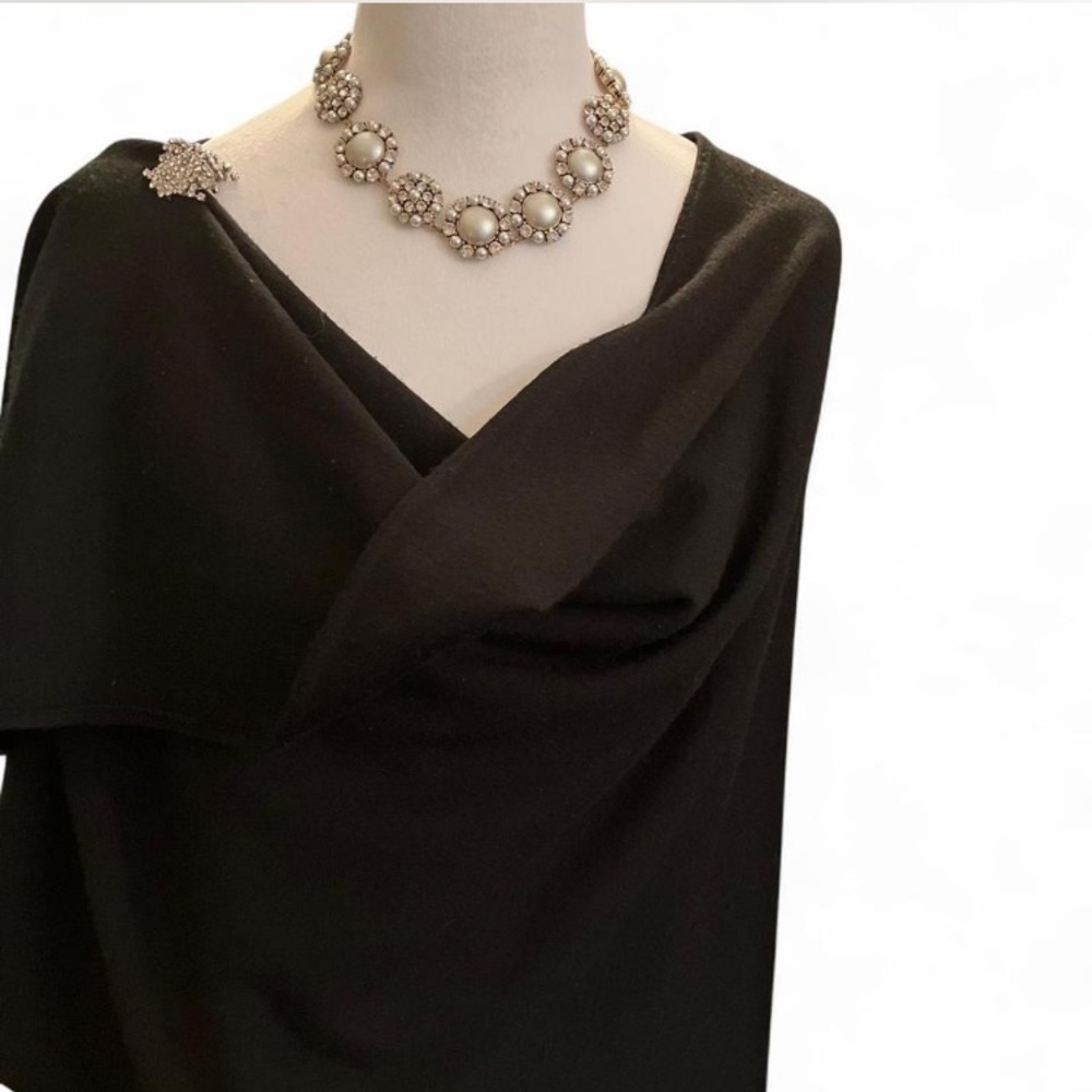 Quite Luxury,Soft girl,pre loved Nina Leonard Black Drape cape with fur balls